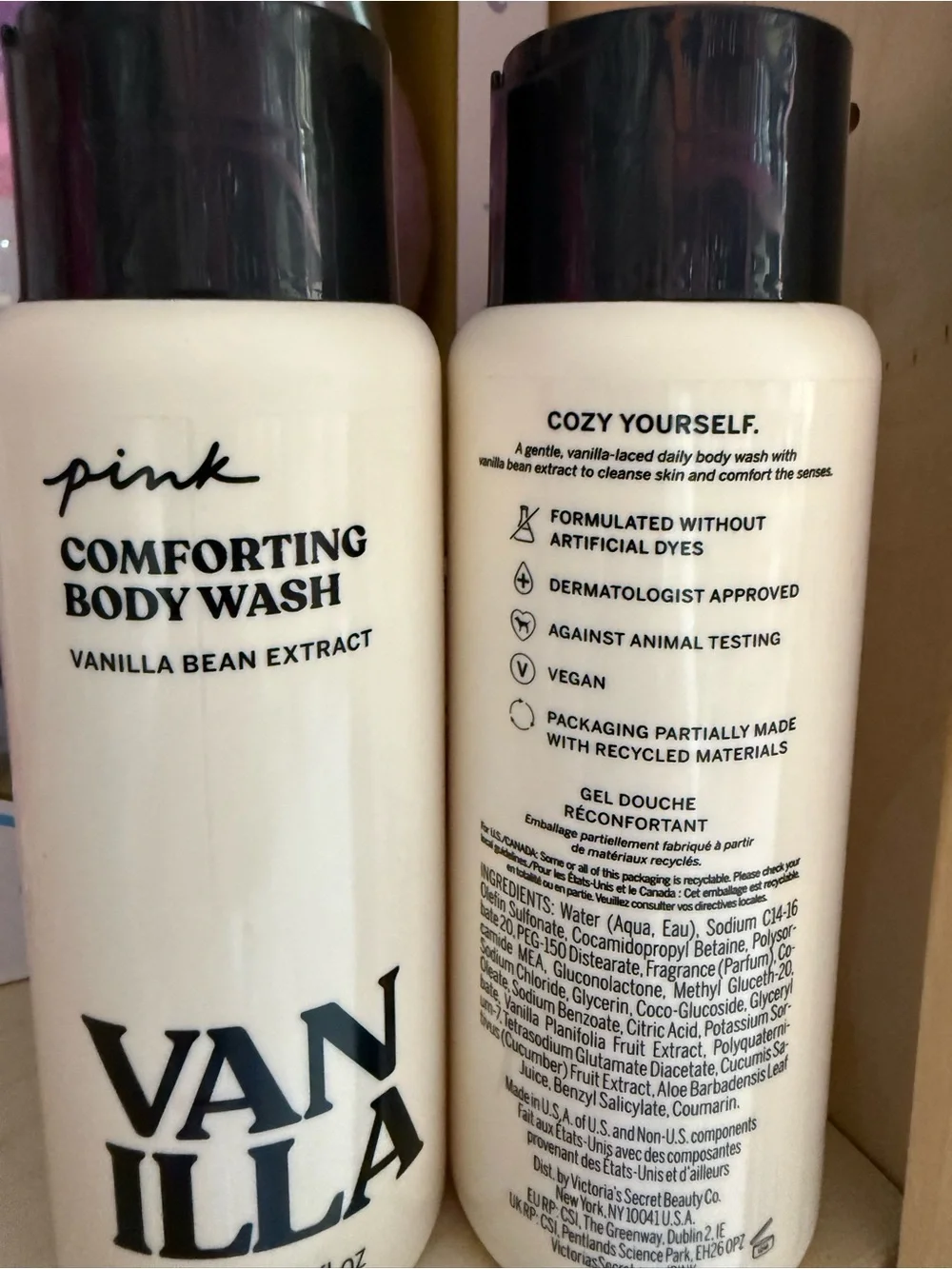 2 PINK Victoria's Secret Vanilla Comforting Body Wash - White with Black Caps